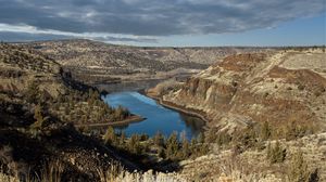 Preview wallpaper river, mountains, canyon, clouds, landscape