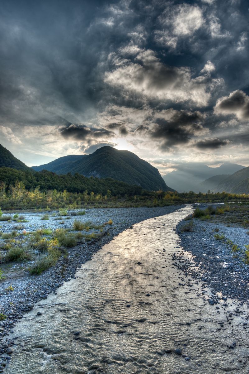 Download Wallpaper 800x1200 River Mountains Clouds Landscape Nature