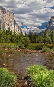 Preview wallpaper river, mountains, current, vegetation, wood, blue sky, landscape