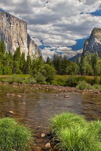 Preview wallpaper river, mountains, current, vegetation, wood, blue sky, landscape