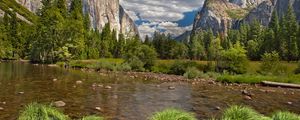 Preview wallpaper river, mountains, current, vegetation, wood, blue sky, landscape