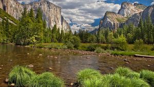 Preview wallpaper river, mountains, current, vegetation, wood, blue sky, landscape