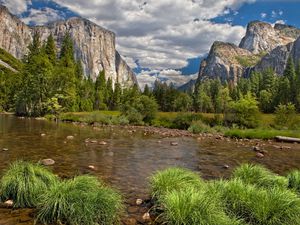 Preview wallpaper river, mountains, current, vegetation, wood, blue sky, landscape