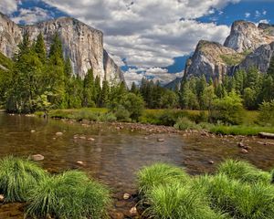 Preview wallpaper river, mountains, current, vegetation, wood, blue sky, landscape