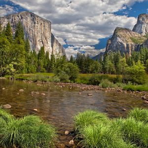 Preview wallpaper river, mountains, current, vegetation, wood, blue sky, landscape