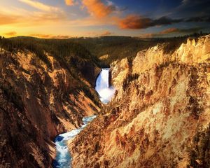 Preview wallpaper river, mountains, falls, wood, rocks