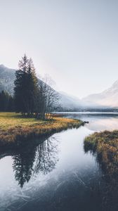 Preview wallpaper river, mountains, fog, trees, nature