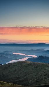 Preview wallpaper river, mountains, fog, dusk, landscape
