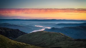Preview wallpaper river, mountains, fog, dusk, landscape
