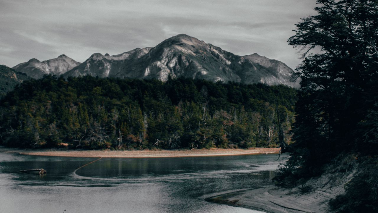 Wallpaper river, mountains, forest, shore, shallow