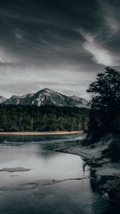 Preview wallpaper river, mountains, forest, shore, shallow