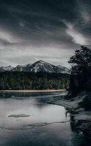 Preview wallpaper river, mountains, forest, shore, shallow