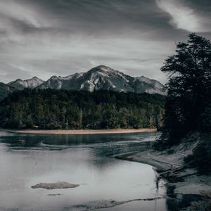 Preview wallpaper river, mountains, forest, shore, shallow