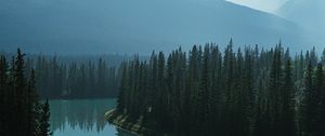 Preview wallpaper river, mountains, forest, fog, landscape