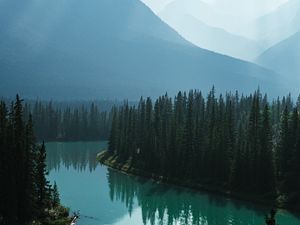 Preview wallpaper river, mountains, forest, fog, landscape