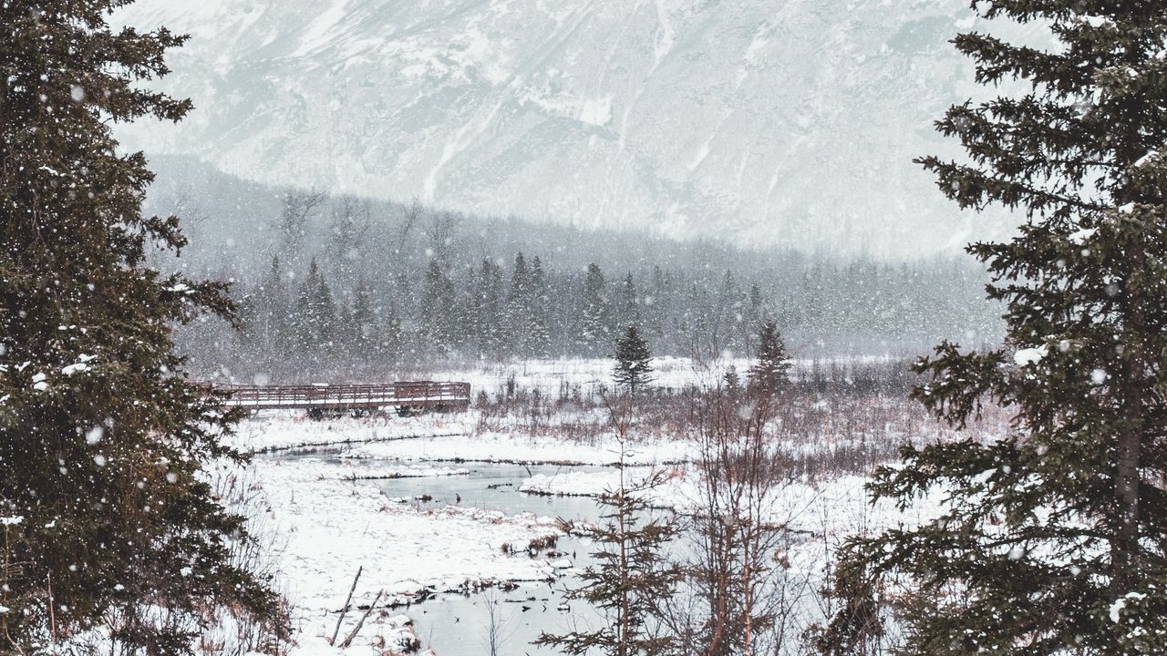 Wallpaper river, mountains, forest, snow, winter