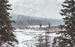 Preview wallpaper river, mountains, forest, snow, winter