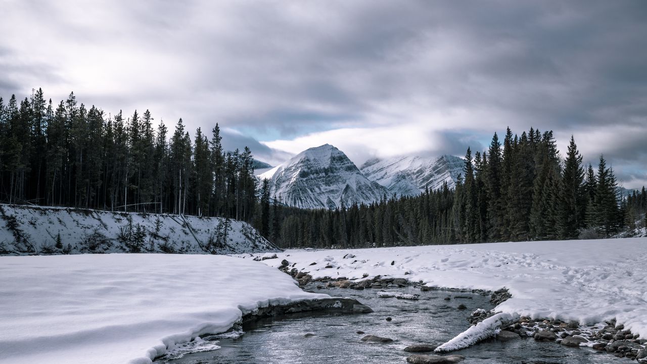 Wallpaper river, mountains, forest, snow