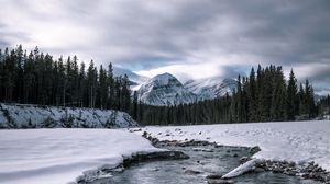 Preview wallpaper river, mountains, forest, snow