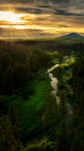 Preview wallpaper river, mountains, forest, trees, sun, rays