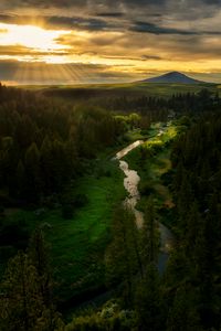 Preview wallpaper river, mountains, forest, trees, sun, rays