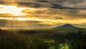 Preview wallpaper river, mountains, forest, trees, sun, rays