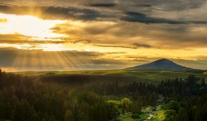 Preview wallpaper river, mountains, forest, trees, sun, rays