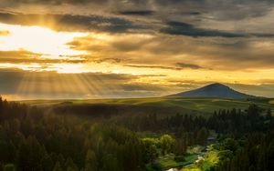 Preview wallpaper river, mountains, forest, trees, sun, rays