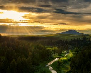 Preview wallpaper river, mountains, forest, trees, sun, rays