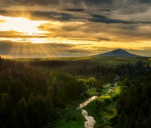 Preview wallpaper river, mountains, forest, trees, sun, rays