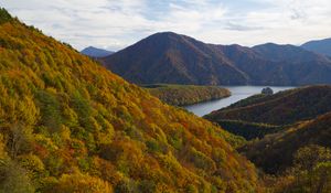 Preview wallpaper river, mountains, forest, trees, autumn, landscape