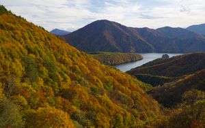 Preview wallpaper river, mountains, forest, trees, autumn, landscape