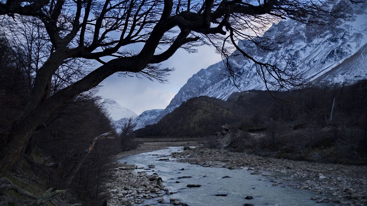 Wallpaper river, mountains, hill, stones, branches