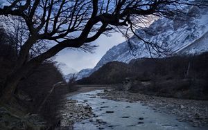 Preview wallpaper river, mountains, hill, stones, branches