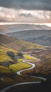 Preview wallpaper river, mountains, hills, valley, aerial view, landscape