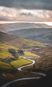 Preview wallpaper river, mountains, hills, valley, aerial view, landscape