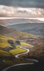 Preview wallpaper river, mountains, hills, valley, aerial view, landscape