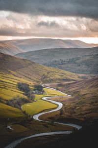 Preview wallpaper river, mountains, hills, valley, aerial view, landscape