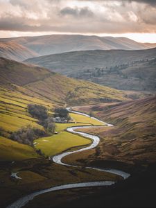 Preview wallpaper river, mountains, hills, valley, aerial view, landscape