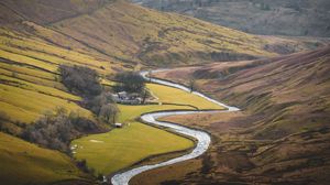 Preview wallpaper river, mountains, hills, valley, aerial view, landscape