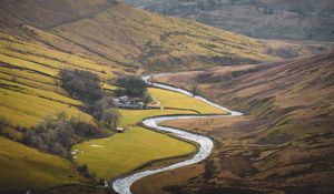 Preview wallpaper river, mountains, hills, valley, aerial view, landscape