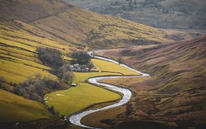 Preview wallpaper river, mountains, hills, valley, aerial view, landscape