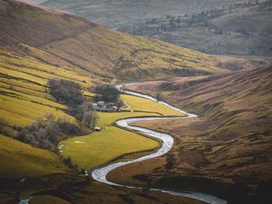 Preview wallpaper river, mountains, hills, valley, aerial view, landscape