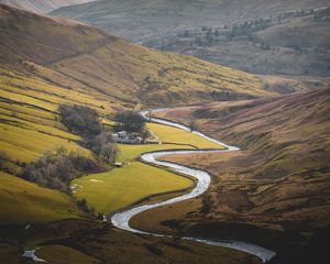 Preview wallpaper river, mountains, hills, valley, aerial view, landscape
