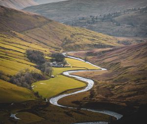 Preview wallpaper river, mountains, hills, valley, aerial view, landscape