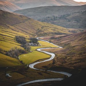 Preview wallpaper river, mountains, hills, valley, aerial view, landscape