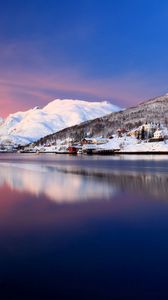 Preview wallpaper river, mountains, home, sky, snow, blue, surface of the water, smooth surface, reflection, silence