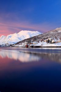 Preview wallpaper river, mountains, home, sky, snow, blue, surface of the water, smooth surface, reflection, silence