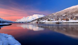 Preview wallpaper river, mountains, home, sky, snow, blue, surface of the water, smooth surface, reflection, silence