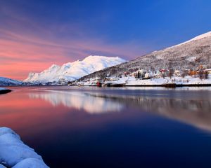 Preview wallpaper river, mountains, home, sky, snow, blue, surface of the water, smooth surface, reflection, silence